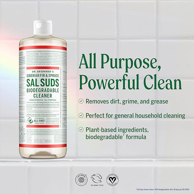 Dr. Bronner's Sal Suds Biodegradable Cleaner (16 Ounce, 2-Pack) – All Purpose Pine Mop Detergent for Floors, Laundry & Dishes, Multi Surface Concentrate, Heavy-Duty Degreaser