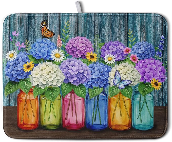 Hydrangea Dish Drying Mat Spring Summer Floral Jars Kitchen Drying Mats for Countertops Vintage Flower Vases Dish Draining Mat Microfiber Absorbent Dish Rack Pad 18x24 Inch