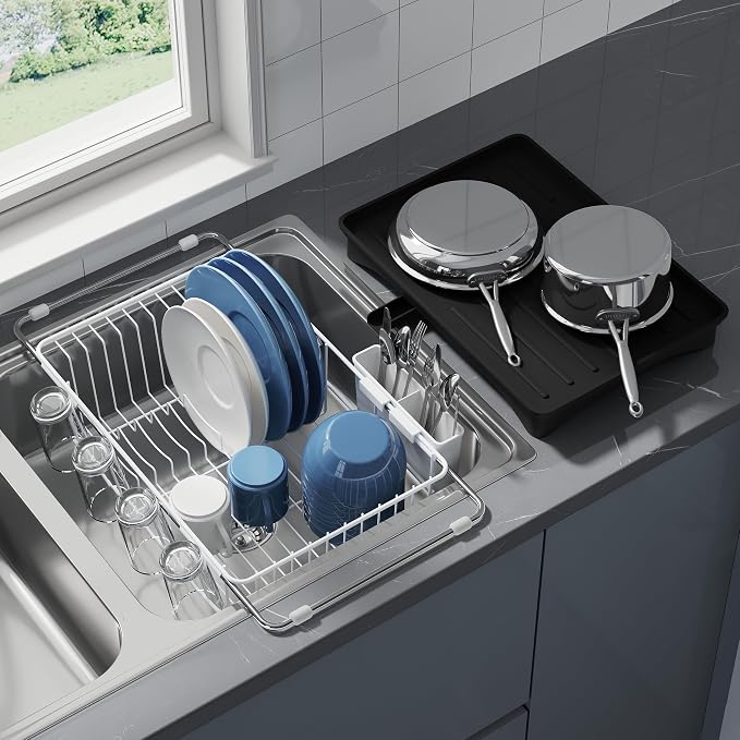 JASIWAY Dish Drying Rack in Sink, Expandable Stainless Steel Dish Drainers with Drainboard for Kitchen Counter, Space Saving Dish Dryer Rack, Over The Sink Dish Racks with Utensil Holder & Cups Holder