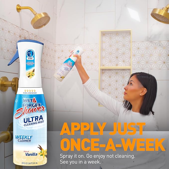 WET & FORGET Shower Ultra Cleaner Mist Vanilla Scent No-Scrub Weekly Bathroom Spray for Fiberglass, Tile, Glass, Grout & More, 1 Spray and 1 Refill, 20oz each