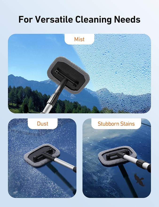 AstroAI Windshield Cleaner, Microfiber Window Cleaner with 4 Reusable Washable Large Sponge Pads, Extendable 180° Rotating Handle, Fits Cars & SUVs, Includes Spray Bottle, Gray