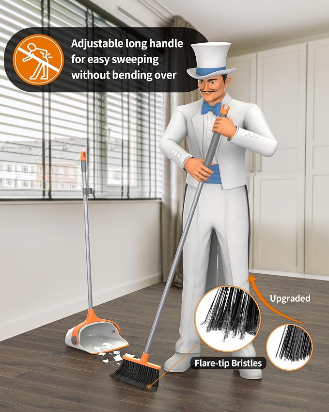 MR.SIGA Broom and Dustpan Set with Adjustable Long Handle, White & Orange | Stand upright broom with dustpan combo for home, office and garage easy sweeping and storage. 51.7"(131 cm) broom handle