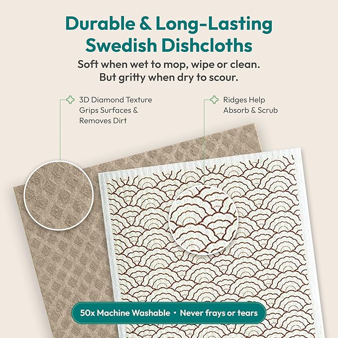 FEBU Swedish Dishcloths for Kitchen | 5 Pack Watercolor Reusable Paper Towels Washable | Swedish Dish Towels | Non-Scratch Cellulose Sponge Cloths | No Odor, Biodegradable Cleaning Cloths