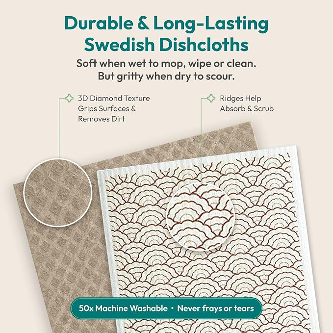 FEBU Swedish Dishcloths for Kitchen | 5 Pack Vintage Kitchen Reusable Paper Towels Washable | Swedish Dish Towels | Non-Scratch Cellulose Sponge Cloths | No Odor, Biodegradable Cleaning Cloths