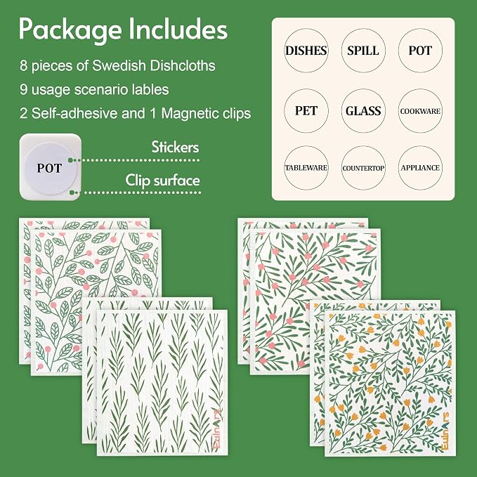 Eulnars Swedish Dishcloths for Kitchen, 8 Pack Green Reusable Paper Towels with Clips, Non-Scratch Swedish Kitchen Towels, Super Absorbent Cellulose Sponge Cloths, Dishwasher Safe, No Odor
