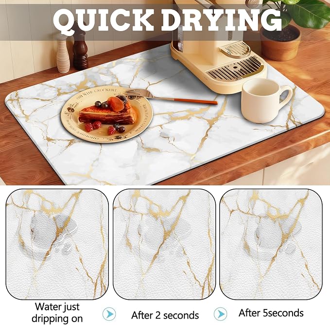 MCALK Marble White Coffee Mat for Kitchen Counter, Gold Dish Drying Pad with Anti-Slip Rubber Base, Absorbent Kitchen Sink Mat with Modern Art Decor, Marble White 12"x20"