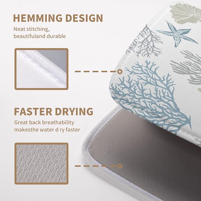 Coastal Dish Drying Mats for Kitchen Counter 18 x 24 Inch Summer Beach Drying Mat Coral Starfish Nautical Dish Rack Mat Ocean Themed Microfiber Absorbent Dish Drying Pad with Hanging Loop