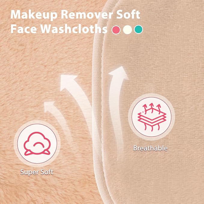 Natwag Makeup Remover Cloth, 6" x 6" Make Up Towels Reusable Face Cloth for Washing Face, 12 Pack Makeup Remover Pads Microfiber Face Washcloth with Mesh Bag, Beige