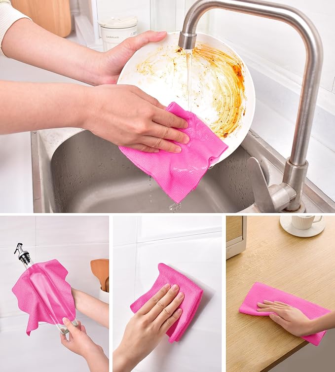 KitchLife Microfiber Cleaning Cloth Roll - Tear-Away Reusable Microfiber Paper Towels, Lint-Free, Washable, 20 Sheets for Kitchen, Car, Dishes, and Sensitive Surfaces (Hot Pink)