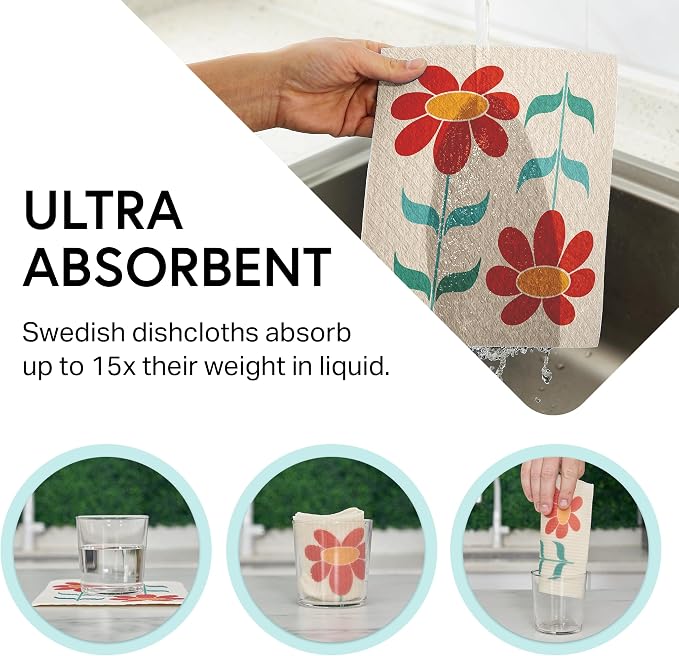 Swedish Wholesale Dishcloths Reusable 8" x 7" Sponge Cloths, Bulk 10 Pack of High Absorbent Cellulose Dish & Kitchen Cleaning Hand Towels, Wring to Dry & Machine Wash, Odor Resistant, Red Flower