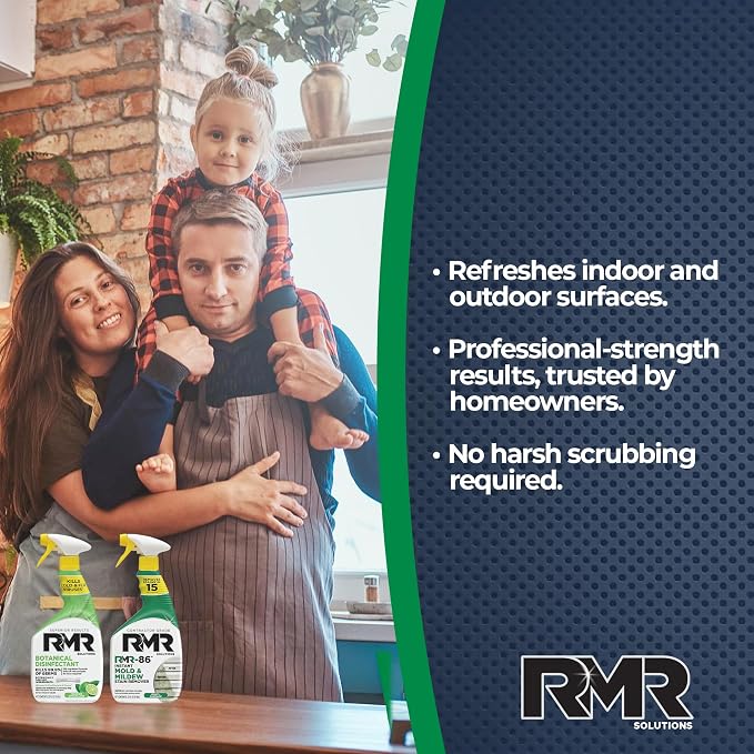 RMR Stain & Sanitation System –Instant Mold & Mildew Stain Remover + Botanical Disinfectant Cleaner, Indoor/Outdoor Cleaning Kit for Kitchens, Bathrooms, Furniture, Siding, & Deck, 2–32 Oz Bottles