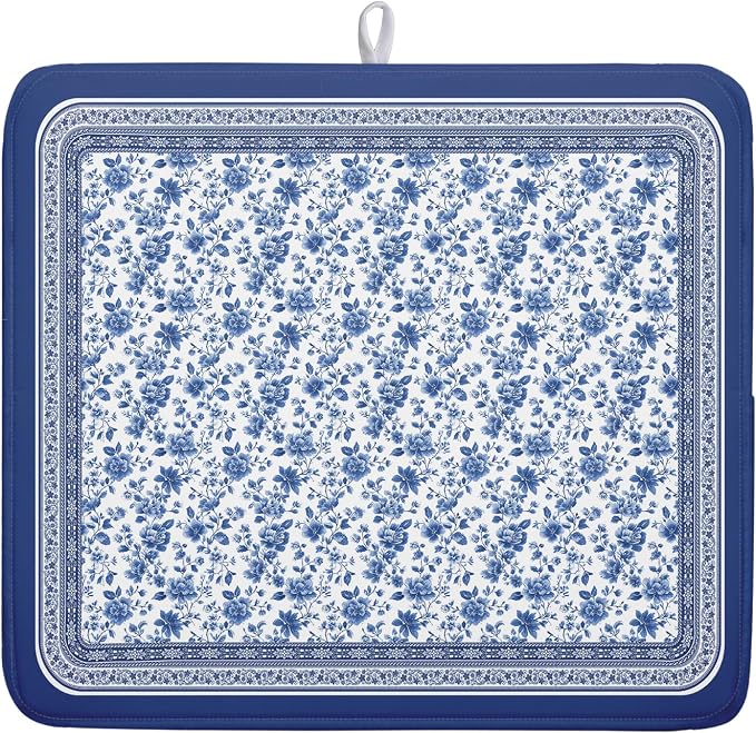 Blue Floral Branches Dish Drying Mat for Kitchen Counter Chinoiserie Pattern Dish Drying Pad 16”x18”Absorbent Vintage Flowers Decor Dishes Drainer Pad Dish Dry Rack Mat for Counter Coffee Bar