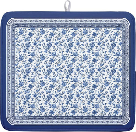 Blue Floral Branches Dish Drying Mat for Kitchen Counter Chinoiserie Pattern Dish Drying Pad 16”x18”Absorbent Vintage Flowers Decor Dishes Drainer Pad Dish Dry Rack Mat for Counter Coffee Bar