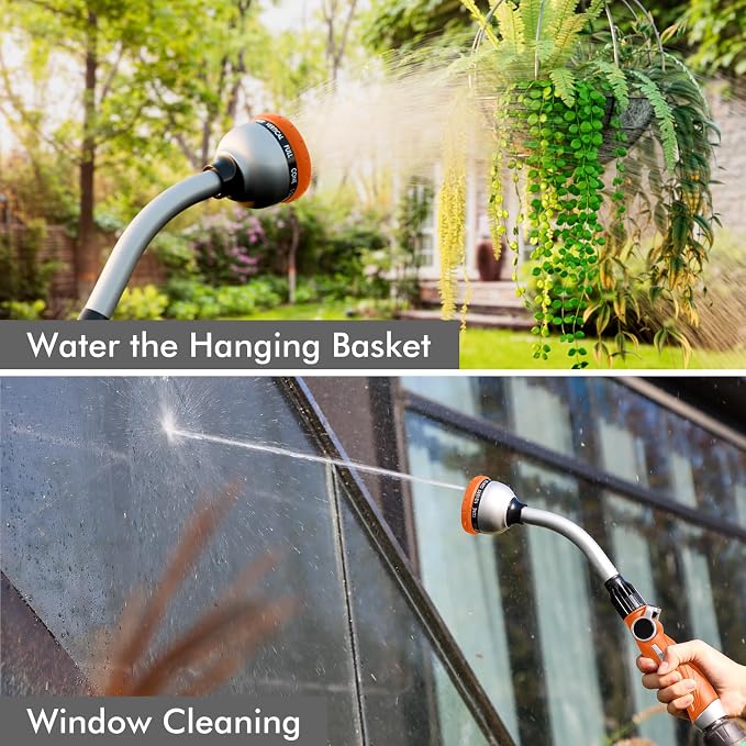 RESTMO Watering Wand Heavy Duty, 15-Inch Long Hose Nozzle Sprayer | 10 Spray Patterns & Thumb Flow Control, Metal Garden Hose Wand for Water Hanging Baskets and Shrubs, Orange