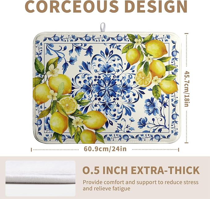 Lemon Dish Drying Mats Spring Summer Dish Mat Blue Chinoiserie Floral Drying Matt Dishes Dryer Pad for Kitchen Counter Absorbent Microfiber Washable Foldable Reusable 18x24 in
