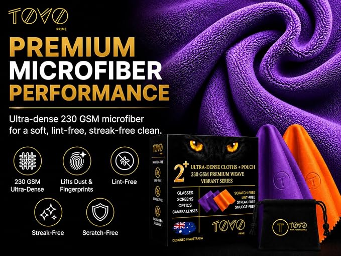 Microfiber Cleaning Cloth, 2 Pack + Velvet Pouch, 6"x7",230 GSM Thick Lens Cleaner for Glasses, Camera & Screens, Ultra Soft, Streak-Free, Lint-Free, Scratch-Safe- Vibrant Series