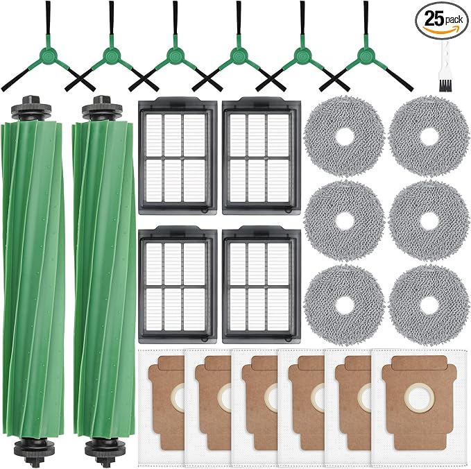 25 Pcs Replacement Part for iRobot Roomba 505X Combo,Plus 405/505/507 Combo | 2 Main Brushes, 6 Dust Bags, 6 Mop Pads, 4 Filters, 6 Side Brushes and 1 Cleaning Tool, Robot Vacuum Accessories Kit