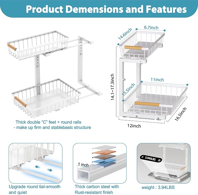 Liuoud Under Sink Organizer 2 Pack, 2 Tier Slide Out Large Capacity Height Adjustable Under Sink Organizers and Storage for Kitchen Bathroom Cabinet, White