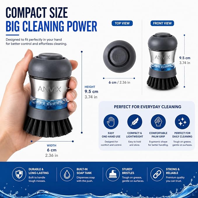 Soap Dispensing Palm Brush 2 Pack, Dish Scrubber with Built in Soap Dispenser, Stainless Steel Body, Replaceable Brush Head, Non Scratch Nylon Bristles for Dishes, Pots, Pans, Nonstick Cookware