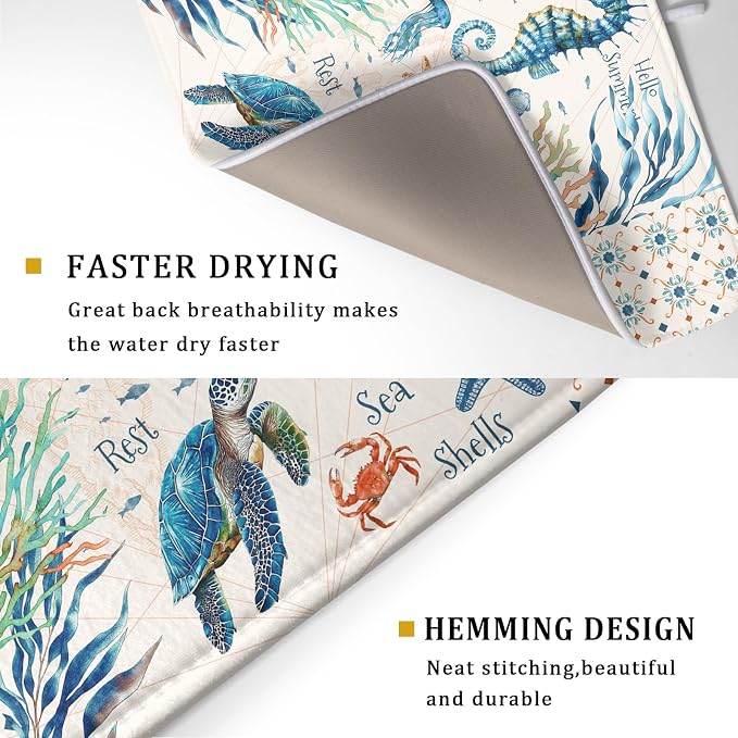 Giwawa Nautical Coastal Dish Drying Mat Sea Turtle Seahorse Dish Drainer Pad 18"x24" Microfiber Reversible Fast Dry Pad for Kitchen Counter Decor