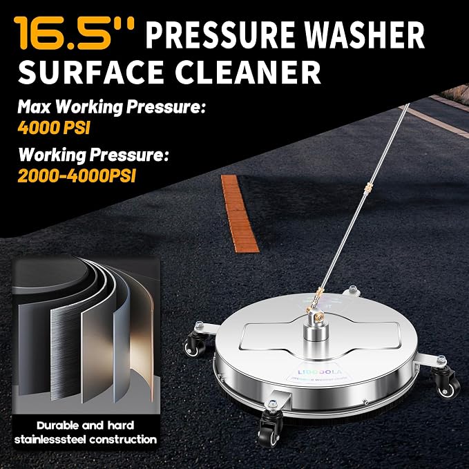 LidoDola 16.5'' Pressure Washer Surface Cleaner, Power Washer Accessory | Stainless Steel Housing with 4 Wheels, 1/4" QC, 2 Extension Wands & 2 Replacement Nozzles, for Gas & Electric Pressure Washer