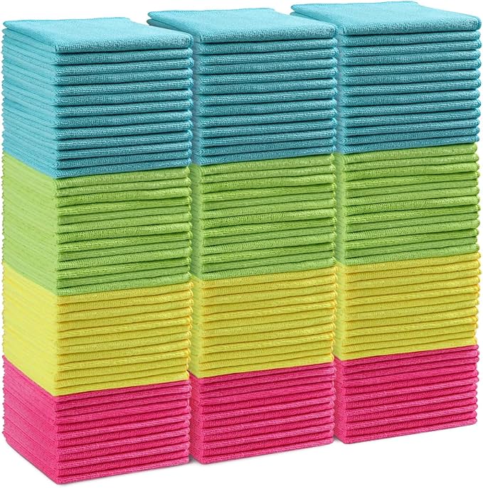 HOMEXCEL 150PK Microfiber Cleaning Cloth, Cleaning Rag for Home, 11.5x11.5 | Reusable, Lint Free, Scratch-Free and Highly Absorbent Towels for Kitchen, Window and Glass, Cars (Green/Blue/Yellow/Pink)