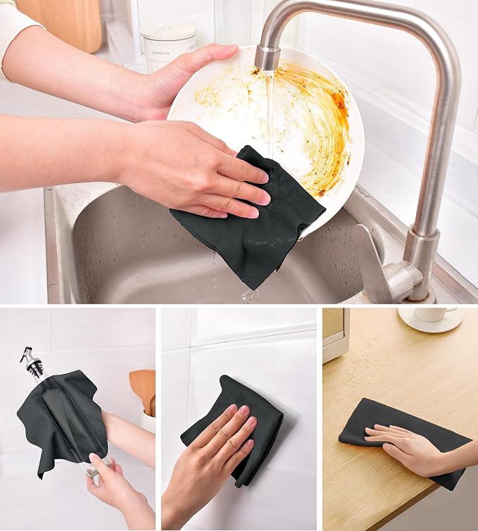 KitchLife Microfiber Cleaning Cloth Roll - Tear-Away Reusable Microfiber Paper Towels, Lint-Free, Washable, 20 Sheets for Kitchen, Car, Dishes, and Sensitive Surfaces (Black)