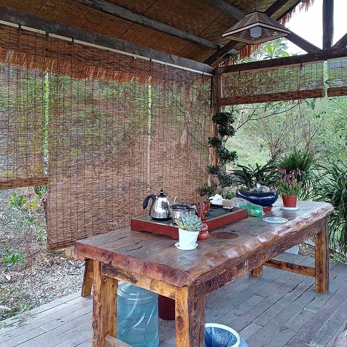 Bamboo Shades for Outdoor Patio, Natural Reed Roller Blinds for Indoor Windows, Retro Cordless Shades 20 22 27 30 36 48 72in Outside Privacy Bamboo Roll Up Shades(Natural Black,26" W x 48" H)