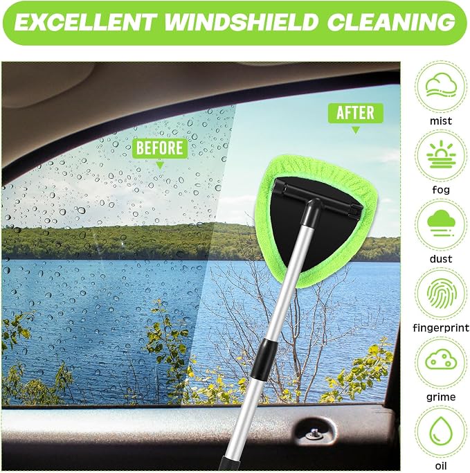 Potchen 8 Pcs Car Windshield Cleaner Tool Kit with Extendable Handle, Microfiber Towel Pads, Brush, Empty Spray Bottle for Auto Glass Wiper Suvs Rvs & Home Windows (Green)