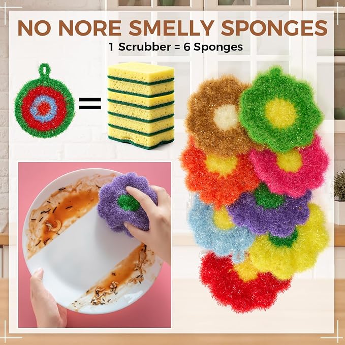 Kenning 16 Pcs Dish Scrubber Non Scratch Dish Washing Scrubbers Reusable Household Cleaning Kitchen Tools for Dishwashing Washing Dishes Cookware Tubs Sinks (Flower)