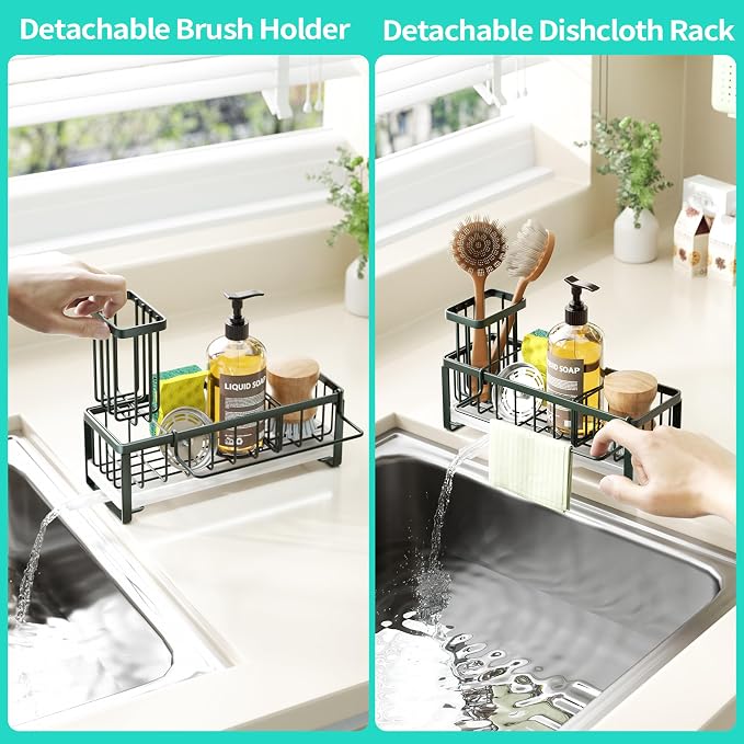 HapiRm Sponge Holder for Kitchen Sink - Self-draining Sink Caddy with Brush and Dishcloth Holders, Stainless Steel Kitchen Organizer for Countertop - Green