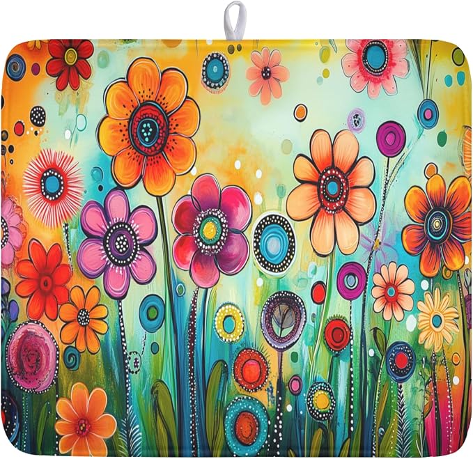Abstract Colorful Floral Dish Drying Mat for Kitchen Counter Spring Summer Flower Microfiber Dish Drainer Mat Rustic Absorbent Washable Drying Pad 16"x18"