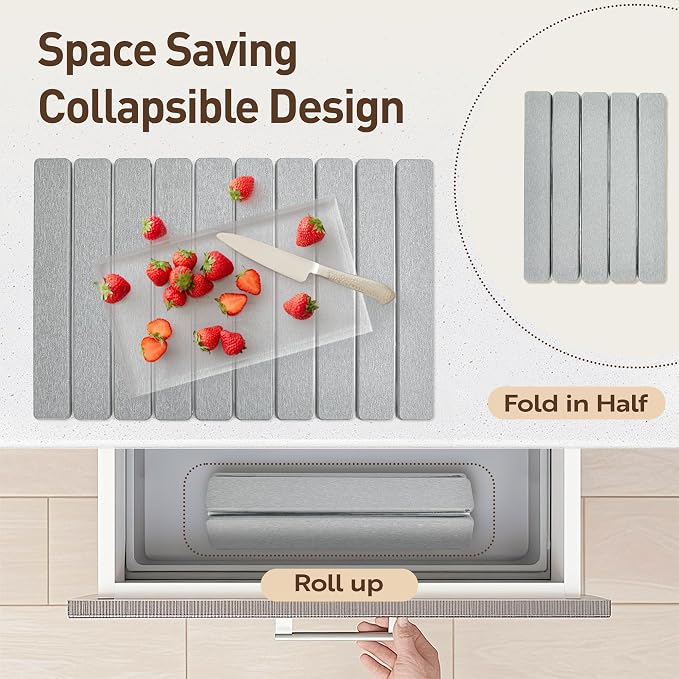 Large Stone Drying Mat for Kitchen Counter 24x16 Inch, Diatomaceous Earth Super Absorbent | Quick Dry Non-Slip Collapsible Dish Mat for Dishes Utensils Cups | Eco-Friendly Counter Protector, Grey
