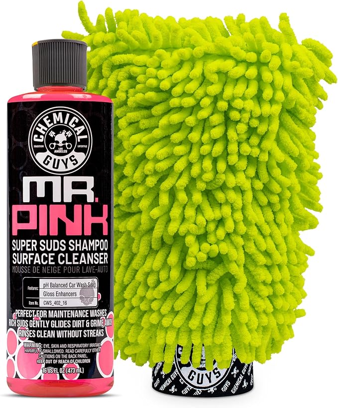 Chemical Guys, Mr. Pink Foaming Car Wash Soap & Chenille Mitt Kit, 16 oz | High-foaming Mr. Pink soap with a plush chenille mitt for safe, scratch-free contact washing, a starter combo