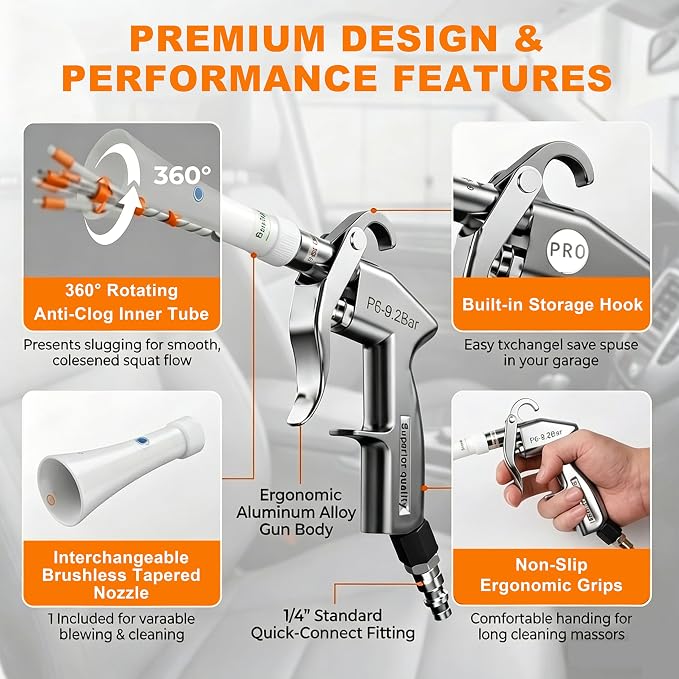 Tornado Car Cleaning Gun with Adjustable Air Flow Nozzle, Air Blower Gun for Car Detailing, High Pressure Dry Cleaning Gun Quickly Blasts Dust & Dirt Works with Air Compressor