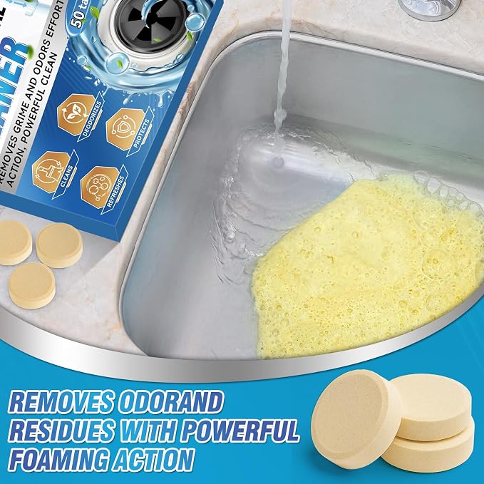 Yeardera Garbage Disposal Cleaner and Deodorizer Tablets - 50 Count (1-Year Supply), Powerful Foaming Sink Cleaner, Quickly Eliminates Odors, Natural Drain Odor Eliminator for Kitchen Disposal Care