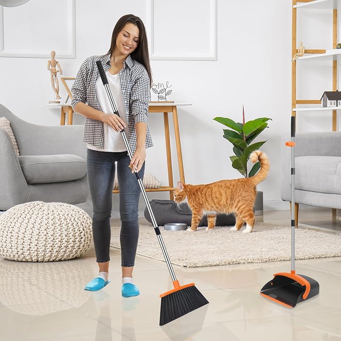 NACENA Broom and Dustpan Set, 52-in Long Adjustable Handle Broom Dustpan Combo with Dust pan Teeth to Automatically Clean Hair Suitable for Home Kitchen Office Hall Floor (Black&Orange), 2 Pack