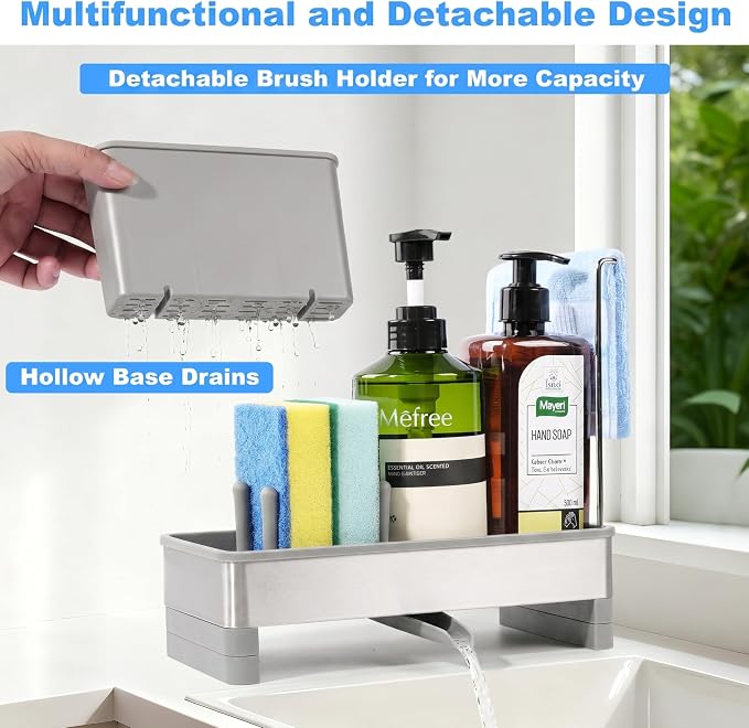 Sponge Holder for Kitchen Sink Caddy Organizer, Dish Brush Holder | Stainless Steel Sponge Caddy for Kitchen Countertop Organizer, Rustproof Dish Soap and Sponge Rack with Dishcloth Drying Rack