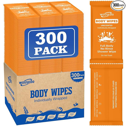 300 Pack Ultra Thick Body Wipes Individually Wrapped, Size 7.87" x 9.45" | Soft Shower Wipes for Adults Bathing No Rinse, Personal Cleansing Wipes for Travel Gym, Bulk Deodorant for Homeless(Orange)