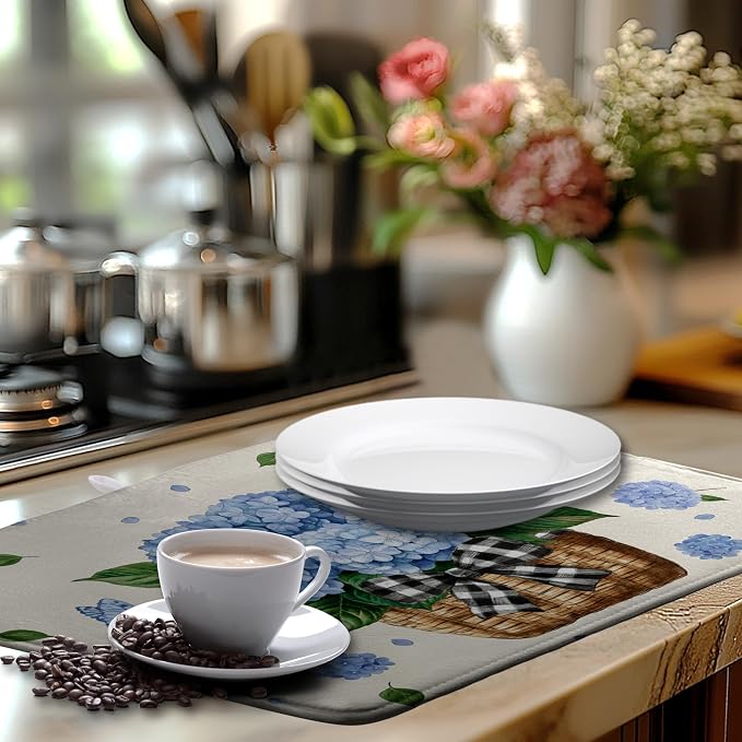 Spring Hydrangea Dish Drying Mats Spring Summer Floral Dish Mat Blue Flowers Butterfly Drying Matt Dishes Dryer Pad for Kitchen Counter Absorbent Microfiber Washable Foldable Reusable 18x24 in