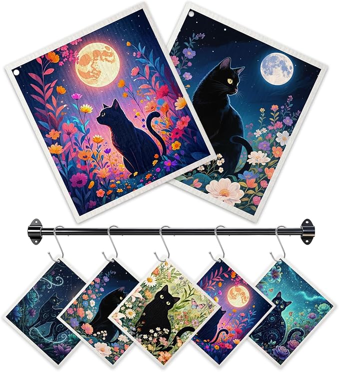 Swedish Dishcloths for Kitchen 5 Pack Black Cat Reusable Paper Towels with 3 Hooks Absorbent Washable Dish Cloth Set Cleaning Cloth for Housewarming