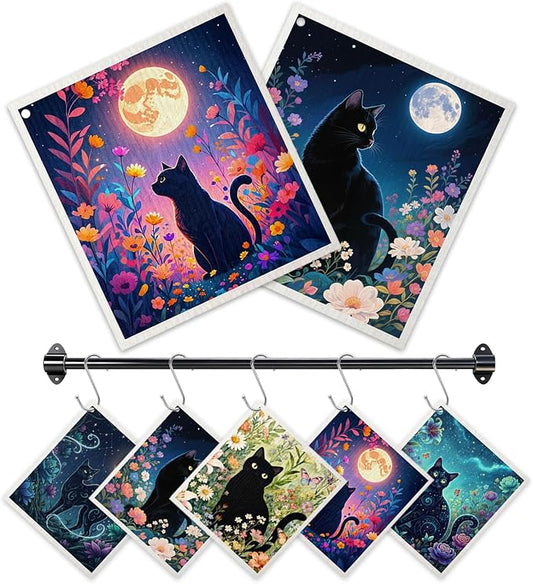 Swedish Dishcloths for Kitchen 5 Pack Black Cat Reusable Paper Towels with 3 Hooks Absorbent Washable Dish Cloth Set Cleaning Cloth for Housewarming