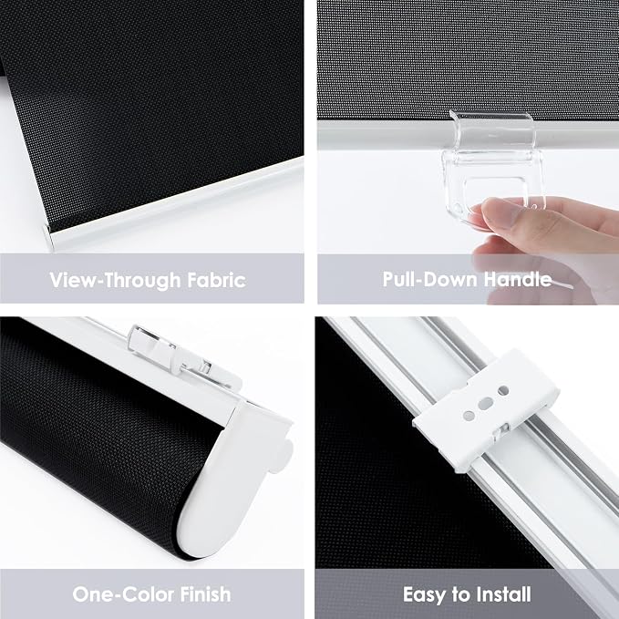 Cordless Roller Shades for Windows,Light Filtering Pull Down Blinds,Solar Screen Door Blinds,Flame Retardant UV Protection Fabric for Home Office (44" W x 72" H,Solar Black)
