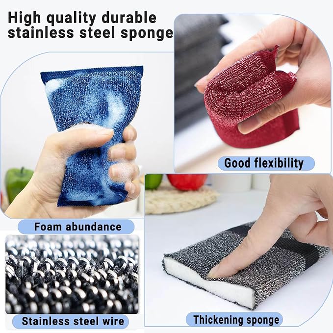 Steel Wool Scrubber Kitchen Sponges - 6 Pack Kitchen Dish Sponges Scrubbers, Non-Scratch Microfiber sponges for Cleaning, Pots and Pans Scrub Sponge