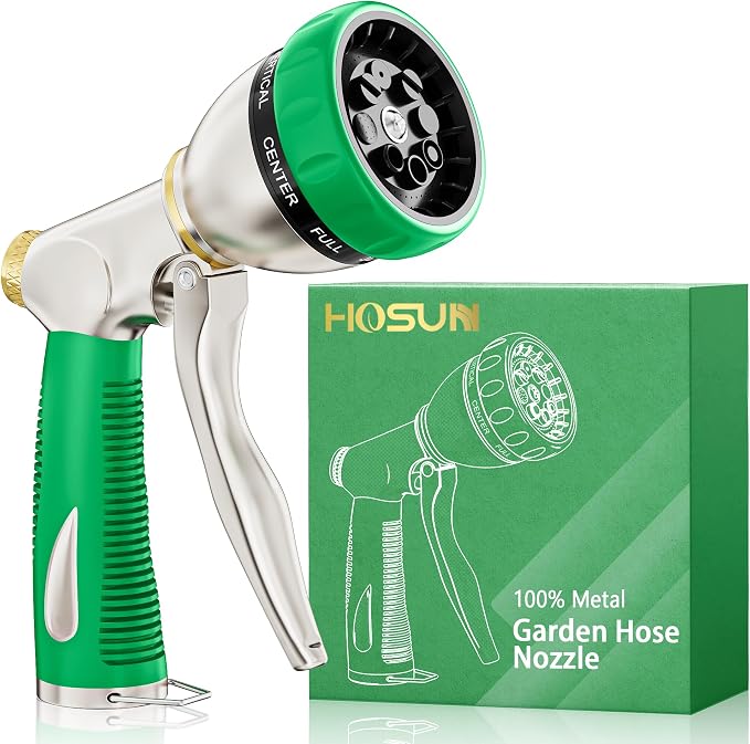 HOSUN 100% Metal Garden Hose Nozzle Sprayer with Ergonomic Handle, Green | Heavy Duty, 8 Spray Patterns, Zinc Alloy Body, High Pressure, Non-Slip Grip, Squeeze latch, Watering Plant, Washing Car