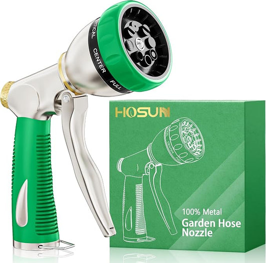 HOSUN 100% Metal Garden Hose Nozzle Sprayer with Ergonomic Handle, Green | Heavy Duty, 8 Spray Patterns, Zinc Alloy Body, High Pressure, Non-Slip Grip, Squeeze latch, Watering Plant, Washing Car