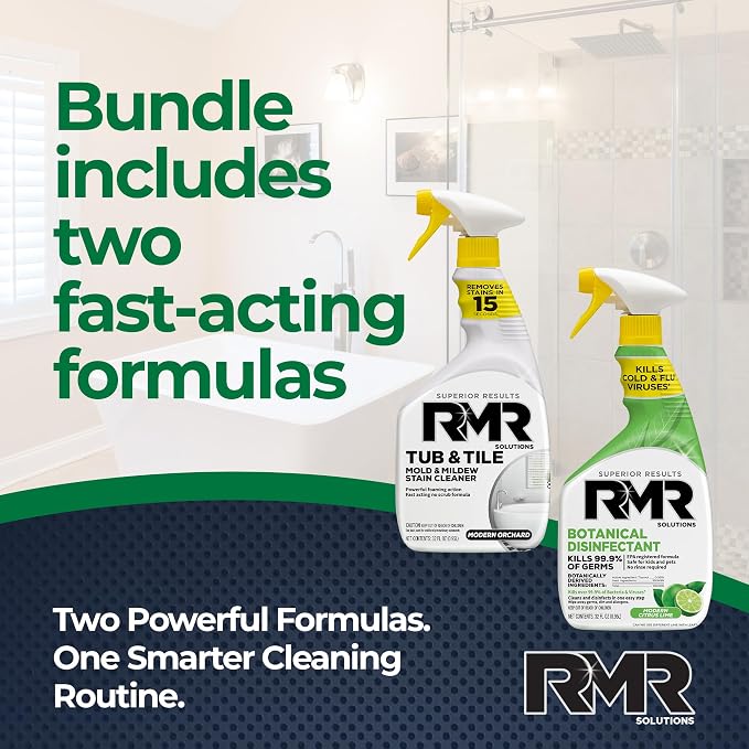 RMR Germ & Grime Guard Bundle – Tub & Tile Mold & Mildew Stain Remover + Botanical Disinfectant Cleaner, 2-Step Bathroom & Home Cleaning for Tile, Grout, Shower, Counters & More, 2–32 Oz Bottles