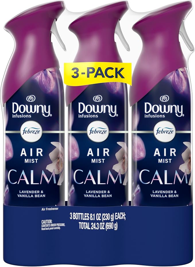 Febreze Air Mist, Air Freshener Spray, Odor Fighting Room Spray, Deodorizer for Home Bathroom Kitchen Office Apartment Dorm Room Classroom, Downy Calm Lavender & Vanilla Bean Scent, 8.1oz (Pack of 3)