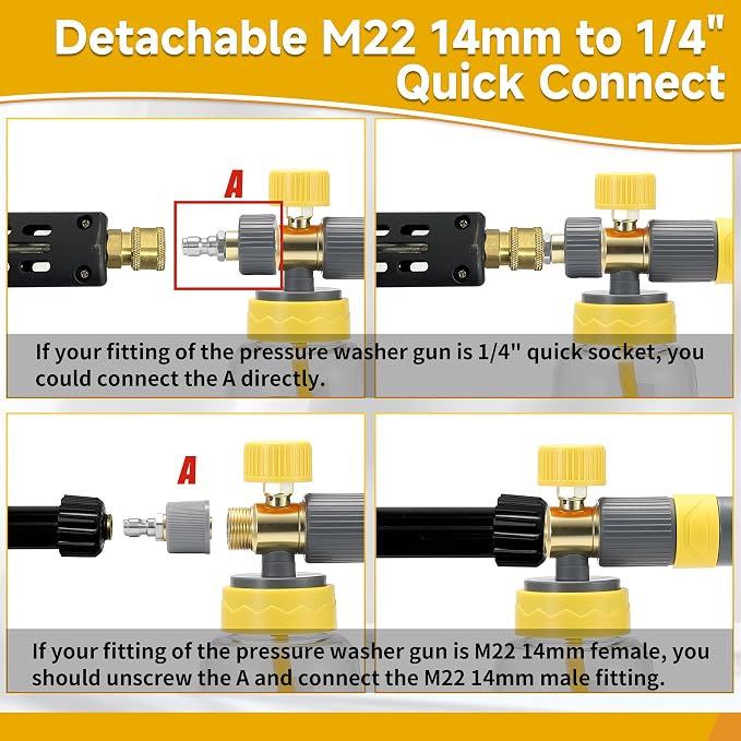 FIXFANS Foam Cannon Gun Dual Connector Accessory for Pressure Washer | Double Tip Attachment Soap Cannon with Power Washer Short Gun, Car Wash Foam Gun Kit, 1/4" Quick Connect, 5 Nozzle Tips