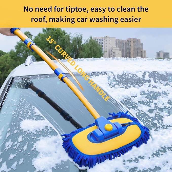 5PCS Car Wash Brush with Long Handle, 15°Curved Car Cleaning Brush with Replaceable Head Cover, Truck Washing Brushwith Telescopic Handle Wash Mop Kit (Blue)